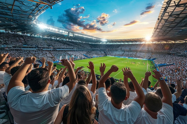 Exciting atmosphere english fans cheer and celebrate in stadium stands during soccer game capturing enthusiasm passion of supporters creatinga vibrant energetic scene filled with national pride