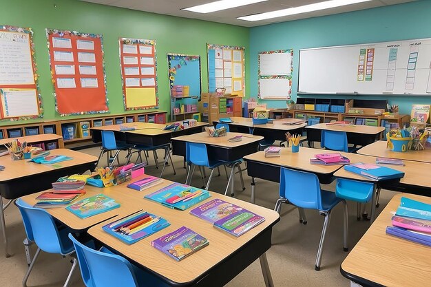 Photo exciting back to school students supplies and classrooms ready for a new year