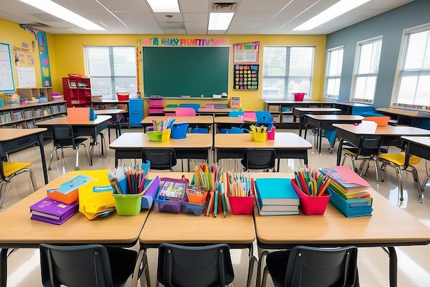 Photo exciting back to school students supplies and classrooms ready for a new year