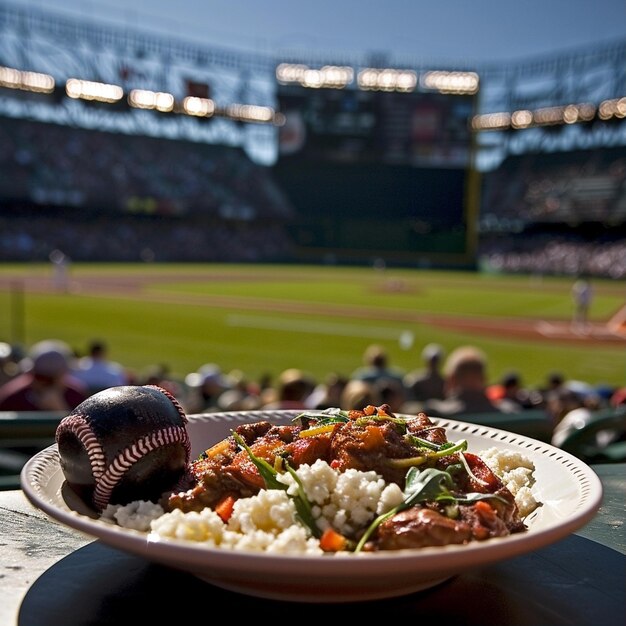 Photo exciting baseball game with delicious food on the plate