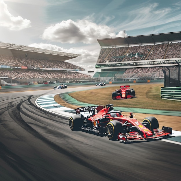 Exciting Formula One Race at Silverstone Circuit Red Race Car Speeding Down Track