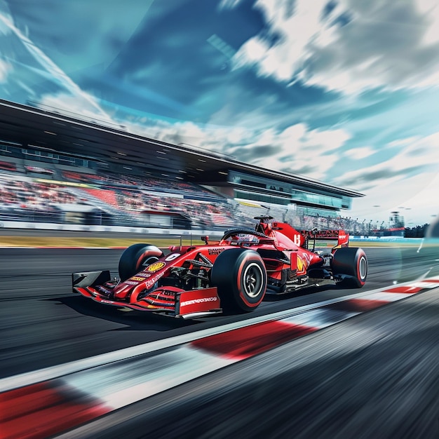 Exciting Formula One Race at Silverstone Circuit Red Race Car Speeding Down Track