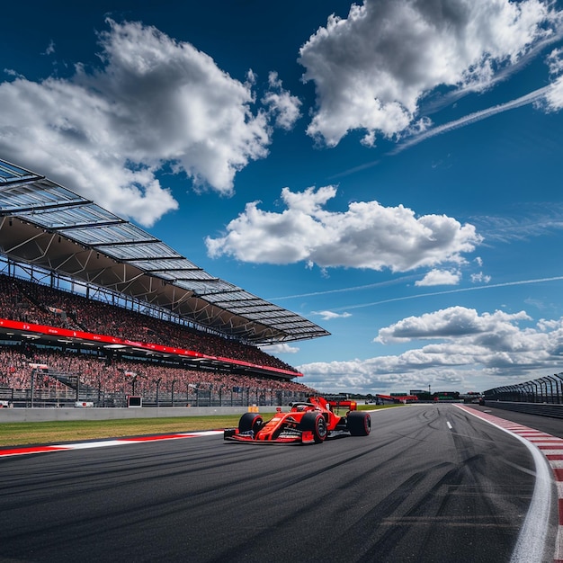 Exciting Formula One Race at Silverstone Circuit with Red Race Car on Track