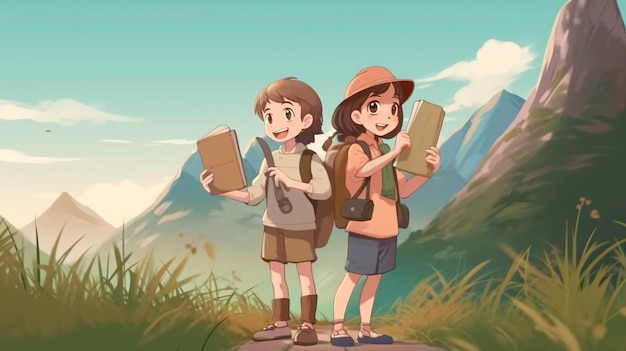 Exciting Girl and Boy with Travel Notebook in Travel