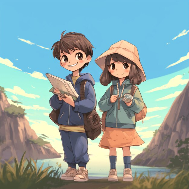 Exciting Girl and Boy with Travel Notebook in Travel