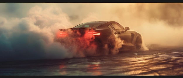 Exciting image of generic sports car creating smoke and heat while performing burnout or drifting