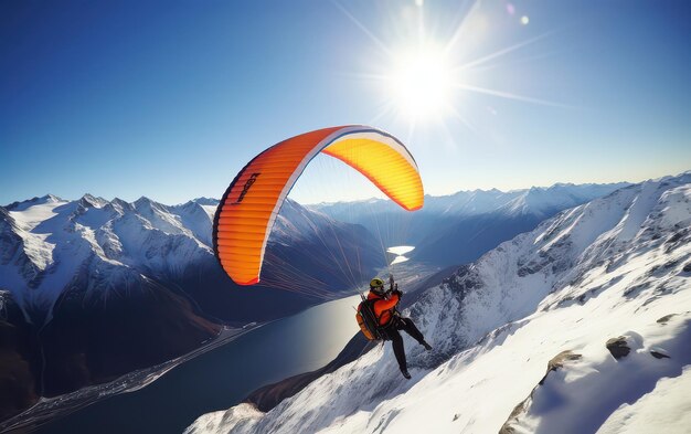 Photo exciting paragliding experience above snowcapped mountains