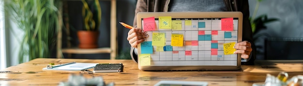 Photo exciting project planning person with schedule sticky notes and laptop photo realistic image fo