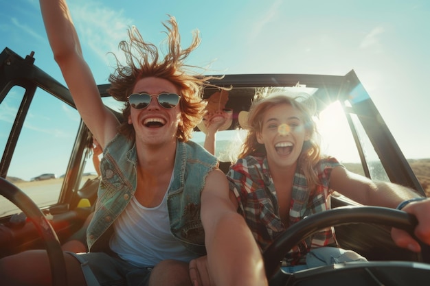 Exciting Road Trip with Friends in Convertible Car and Joyful Fun