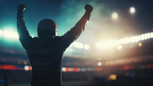 Photo exciting silhouette of a race car driver celebrating a victory during a dynamic motor racing event