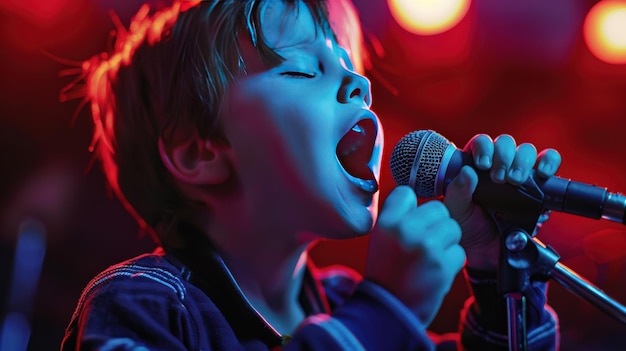 Exciting Stage Moment Boy Singing with Microphone