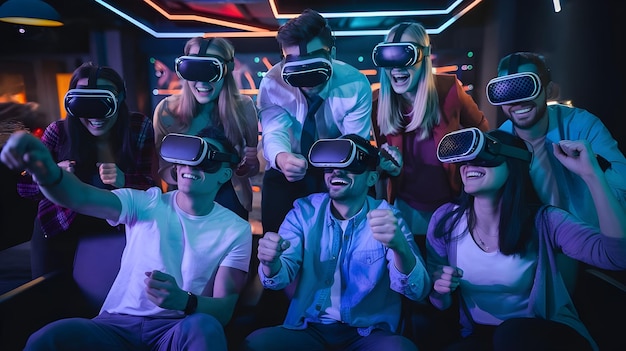 Photo exciting virtual reality experience a group of friends enjoying vr fun in a futuristic space