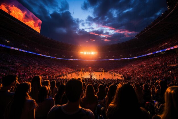 Exciting volleyball game at dusk action players and animated viewers generative IA