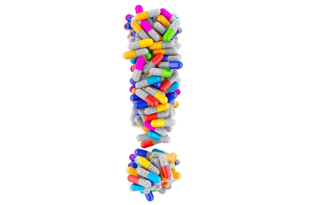 Exclamation mark from colored capsules 3D rendering