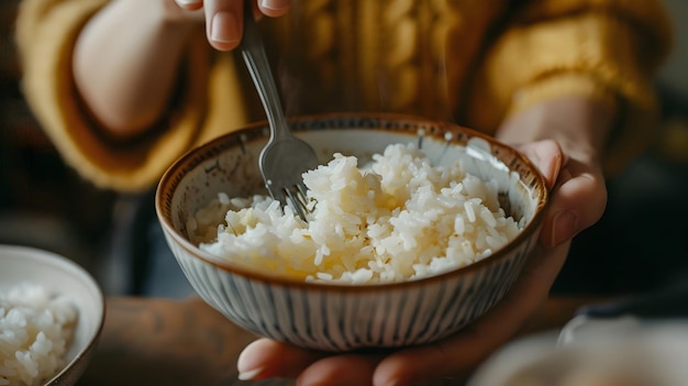 Execution Oriented Person Eating Rice Showcasing Application