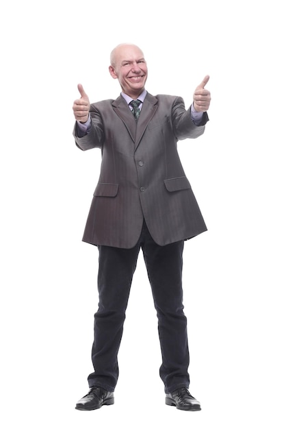 Executive business man pointing up isolated on a white