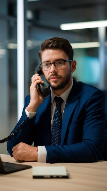 An executive is talking over telephone inside office