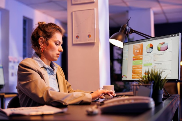 Photo executive manager analyzing marketing growth report, typing investment strategy on computer trying to increase company profit. entrepreneur working late at night at research plan in startup office