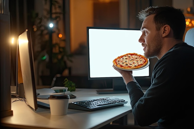 Executive manager eating delivery takeaway pizza during online videocall conference meeting