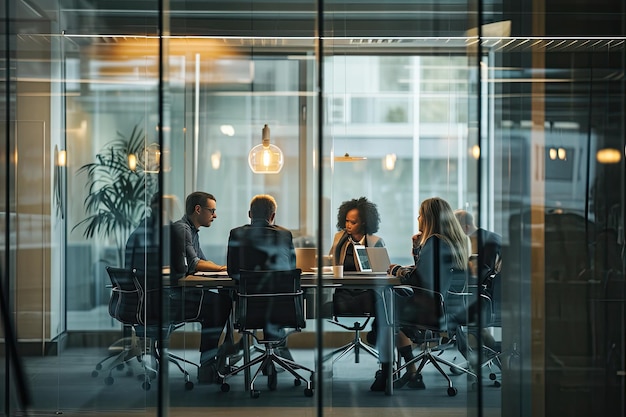 Executives gather in a glasswalled conference room exchanging strategic insights The transparent setting fosters open dialogue