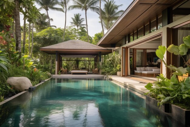 Exemplifying a tropical pool villa the exterior and interior design of this home or house building