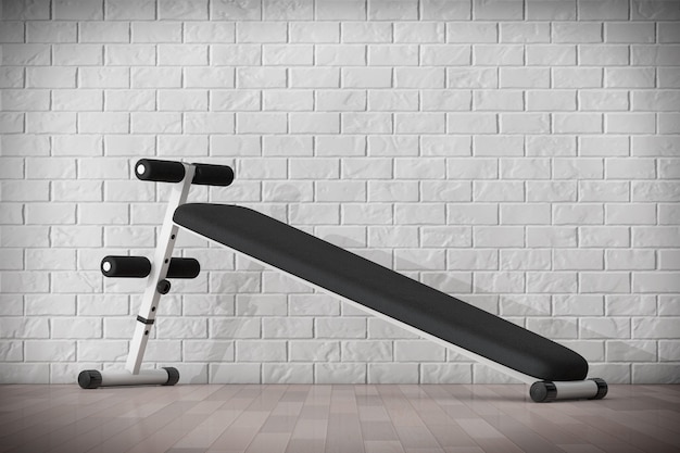 Exercise bench. Gym Equipment in front of brick wall. 3d Rendering