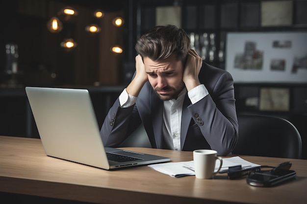 Exhausted businessman leaning on his desk and reading an email on laptop in the office