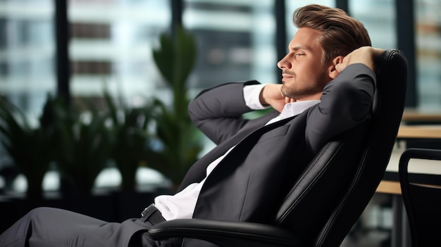 Photo an exhausted businessman rests on a chair in the workplace in office