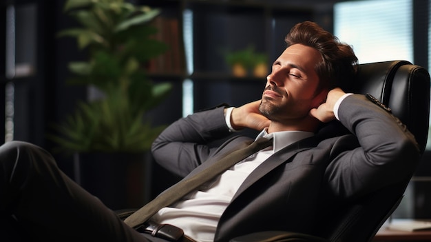 Photo an exhausted businessman rests on a chair in the workplace in office