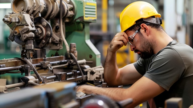 Photo exhausted factory worker taking a break during a challenging shift in industrial manufacturing