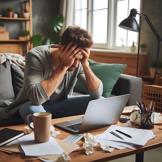 Exhausted Freelancer Rubbing Head at Home Office