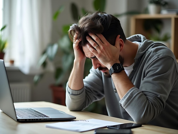 Exhausted Freelancer Rubbing Head at Home Office