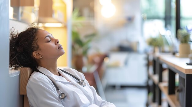 Exhausted medical professional sitting in a break room head tilted back eyes closed