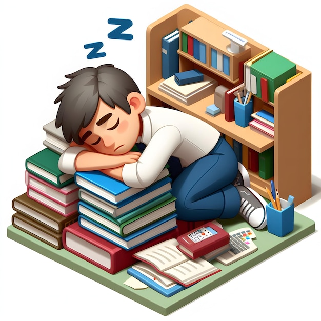 Exhausted Student Asleep on Textbooks in Library 3D Flat Icon illustrating Study Effort for Exams