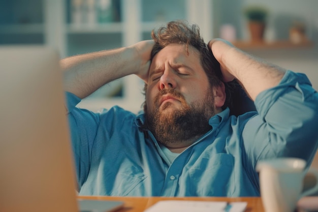 Photo exhausted tired plus sized office worker man sitting at desk looking tired eyes closed hands on her head