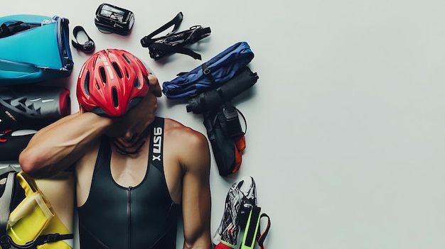 Photo exhausted triathlete resting after a race surrounded by their equipment