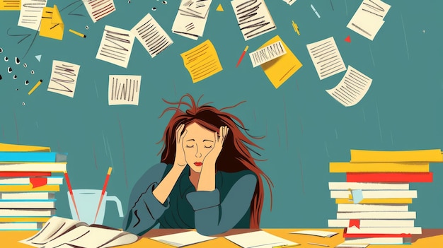 Exhausted woman overwhelmed by papers at desk