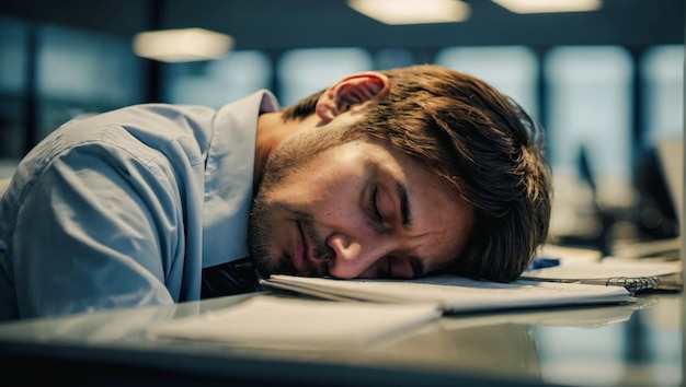 An exhausted worker sitting at the office desk takes off glasses and feels unwell has dizzy