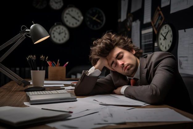 Exhausted young man sleeping at work sitting at desk