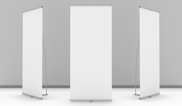 Exhibition banner stand mockup arrangement infront of a grey wall Template for Mockups