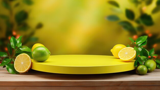 Exhibition podium for a variety of goods in Mint Lime Yellow Emerald Green colors against a vegetation background