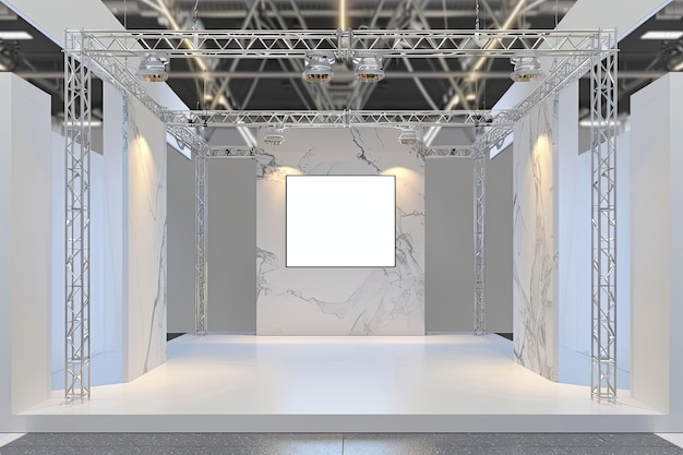 Photo exhibition stand with hanging truss