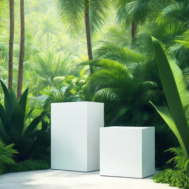 Exhibition wooden podium on green background with palm leaves Generative AI