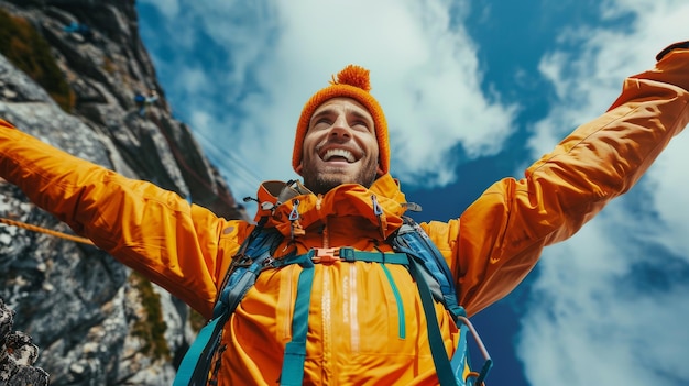 Photo exhilarated mountaineer celebrating summit achievement in vibrant attire