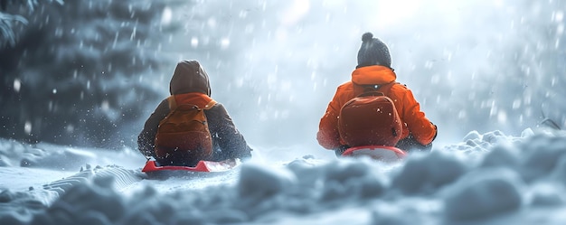 An exhilarating adventure as two friends sled down a snowy hill with excitement Concept Sledding Fun Snowy Adventure Exhilarating Ride Thrilling Winter Activity Friends39 Excitement