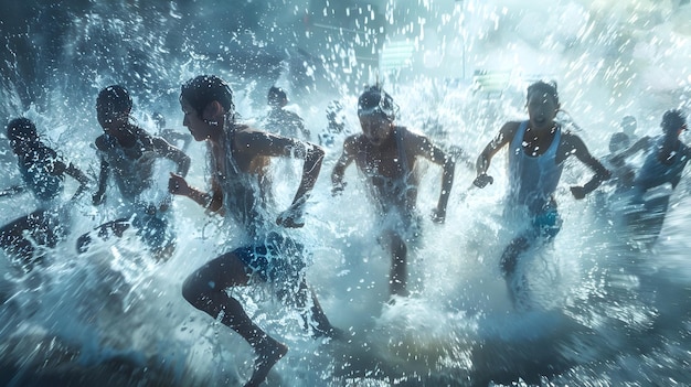 Exhilarating Movie Poster of People Running Through Splashing Water in Sporty Cinematic Style