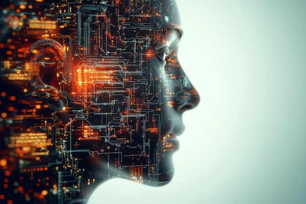 Exocortex dendritic spine biochip neuroprosthetic and microprocessing human head surrounded by glow