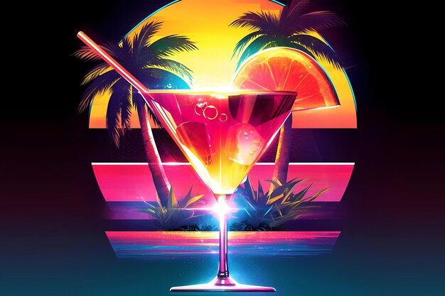 Photo exotic alcohol cocktail in neon colors summer party vaporwave synthwave style