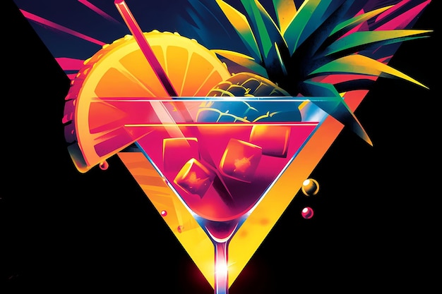 Photo exotic alcohol cocktail in neon colors summer party vaporwave synthwave style