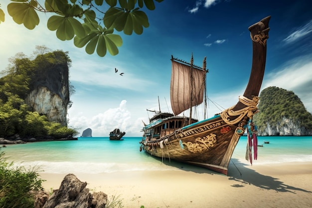 Exotic Beach View and Traditional Ship in Thailand's Ocean Landscape Generative AI